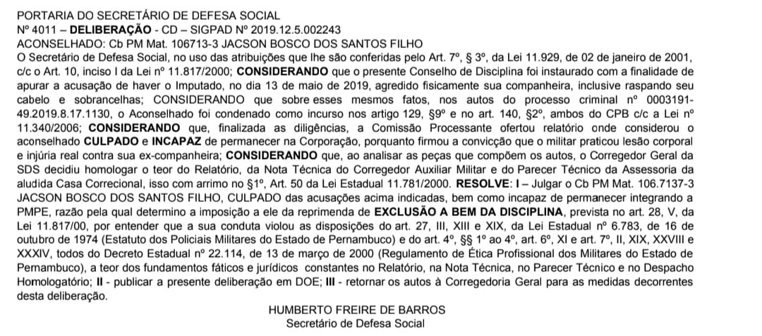 Crime cometido pelo cabo da PMPE aconteceu em maio de 2019, em Petrolina
