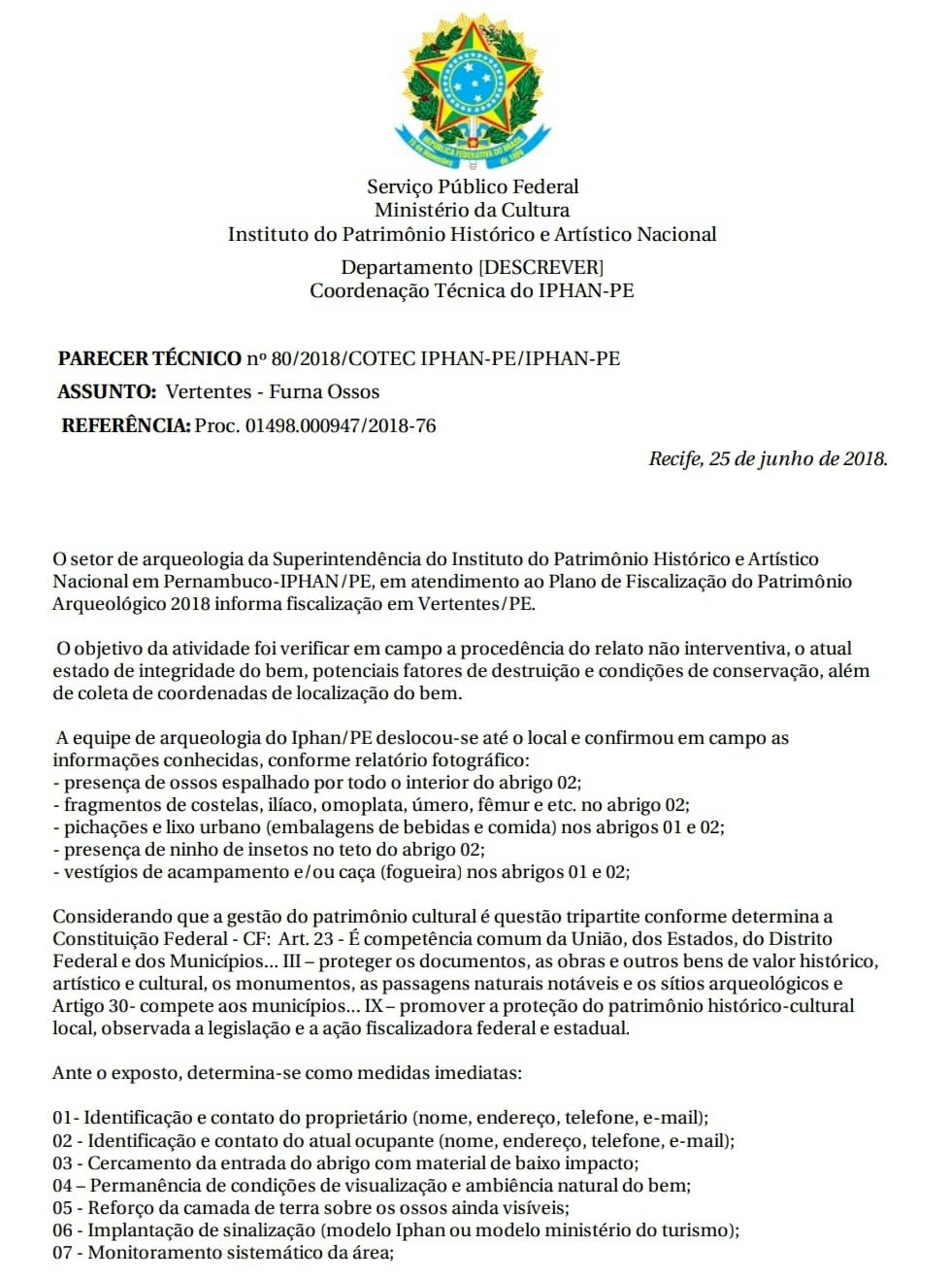 Parecer técnico do IPHAN apontando problemáticas na região (1/2)