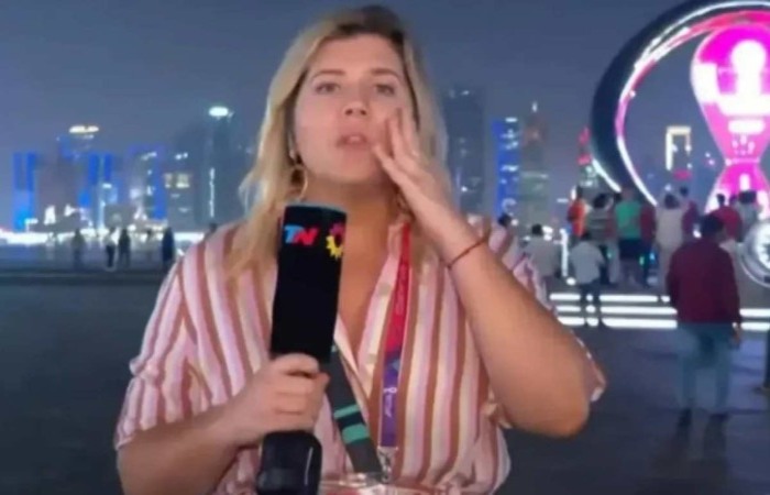 Jornalista argentina Dominique Metzger teve a carteira furtada enquanto fazia entrada ao vivo na TV/Crédito: Reptodução/Todo Notícias Jornalista argentina Dominique Metzger teve a carteira furtada enquanto fazia entrada ao vivo na TV/Crédito: Reptodução/Todo Notícias