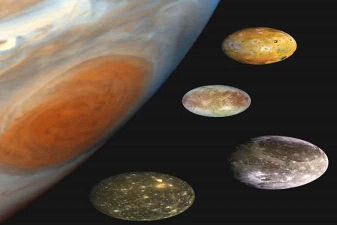 As quatro maiores luas de Júpiter são: Lo, Europa, Ganimedes e Calisto, sendo chamadas de satélites galileanos, porque foi Galileu Galilei quem as observou pela primeira vez, em 1610/Foto: Divulgação/Nasa