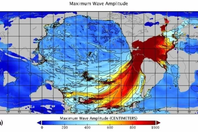 De acordo com cálculos dos autores do estudo, a energia inicial do evento geológico foi 30 mil vezes maior do que a energia do tsunami de dezembro de 2004, que matou 230 mil pessoas (Foto: From Range et al. em AGU Avanços) De acordo com cálculos dos autores do estudo, a energia inicial do evento geológico foi 30 mil vezes maior do que a energia do tsunami de dezembro de 2004, que matou 230 mil pessoas/Foto: From Range et al. em AGU Avanços