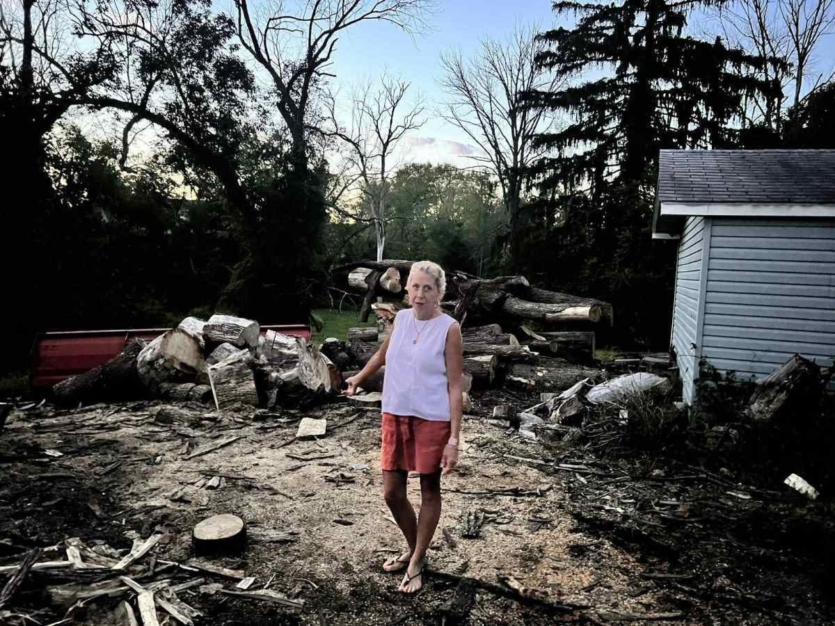 Mary Anne Yackel diante do local onde viu Danilo ser escoltado pela polícia, saindo da mata (ao fundo)