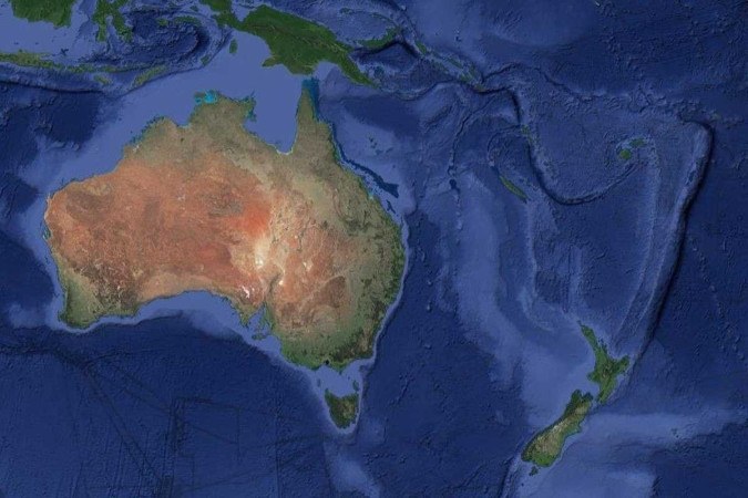 Imagem de satélite mostra a Austrália e a Nova Zelândia nos dias de hoje/foto: Reprodução/Data GNS Imagem de satélite mostra a Austrália e a Nova Zelândia nos dias de hoje/foto: Reprodução/Data GNS