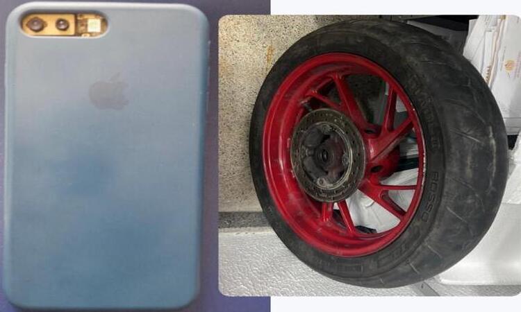 Além da roda de uma moto, os policiais apreenderam um celular com queixa de roubo/Foto: Divulgação Além da roda de uma moto, os policiais apreenderam um celular com queixa de roubo/Foto: Divulgação