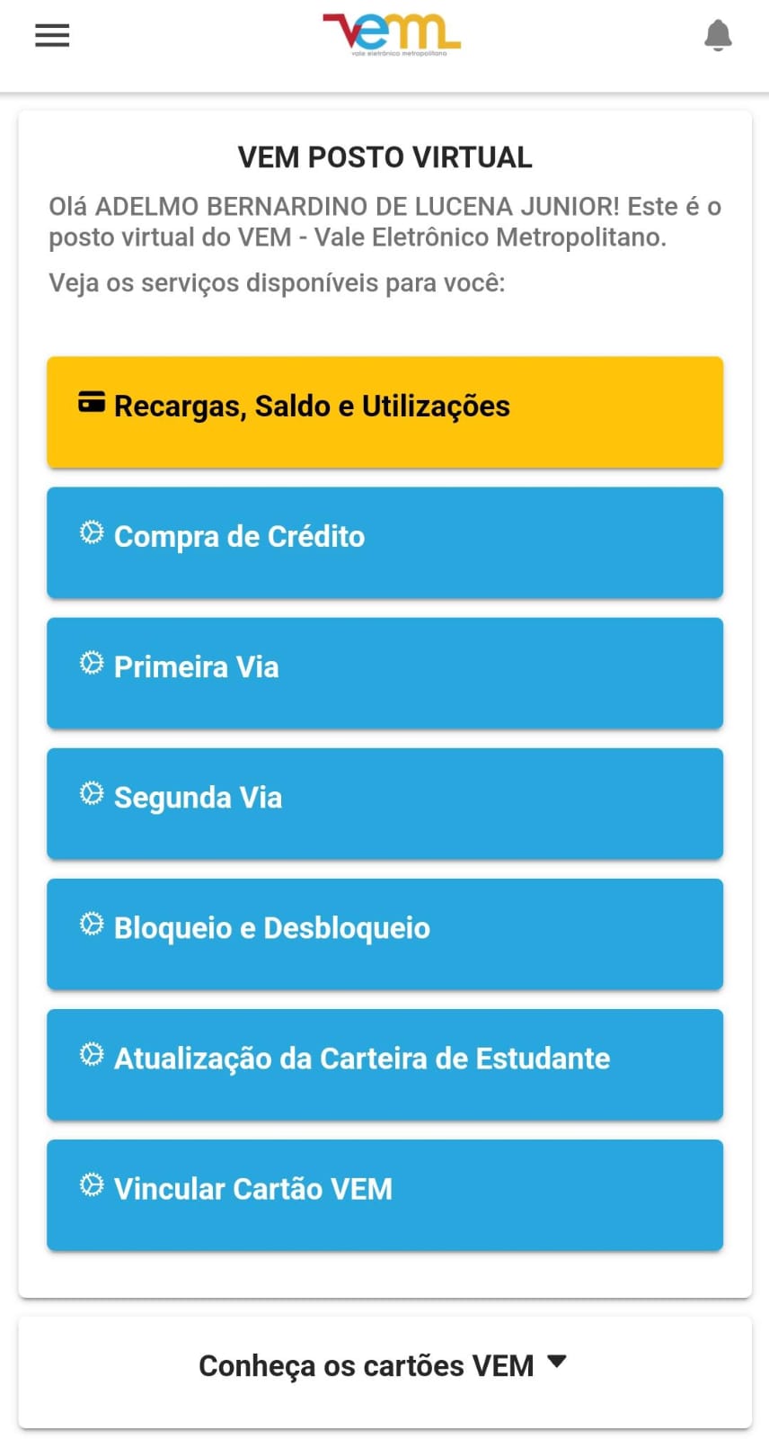 Página inicial do aplicativo com os serviços oferecidos