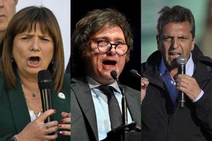 Patricia Bullrich, Javier Milei e Sergio Massa: favoritos na disputa pela presidência da Argentina/Fotos: Luis ROBAYO / AFP JUAN MABROMATA / AFP Patricia Bullrich, Javier Milei e Sergio Massa: favoritos na disputa pela presidência da Argentina/Fotos: Luis ROBAYO / AFP JUAN MABROMATA / AFP