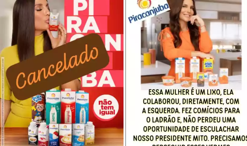 Imagens nas redes sociais proferem xingamentos a Ivete Sangalo e pedem boicote à Piracanjuba, da qual a cantora é garota propaganda/foto: Reprodução/X
