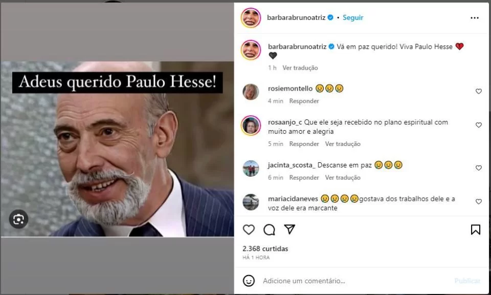 Barbara Bruno lamenta morte de Paulo Hesse 