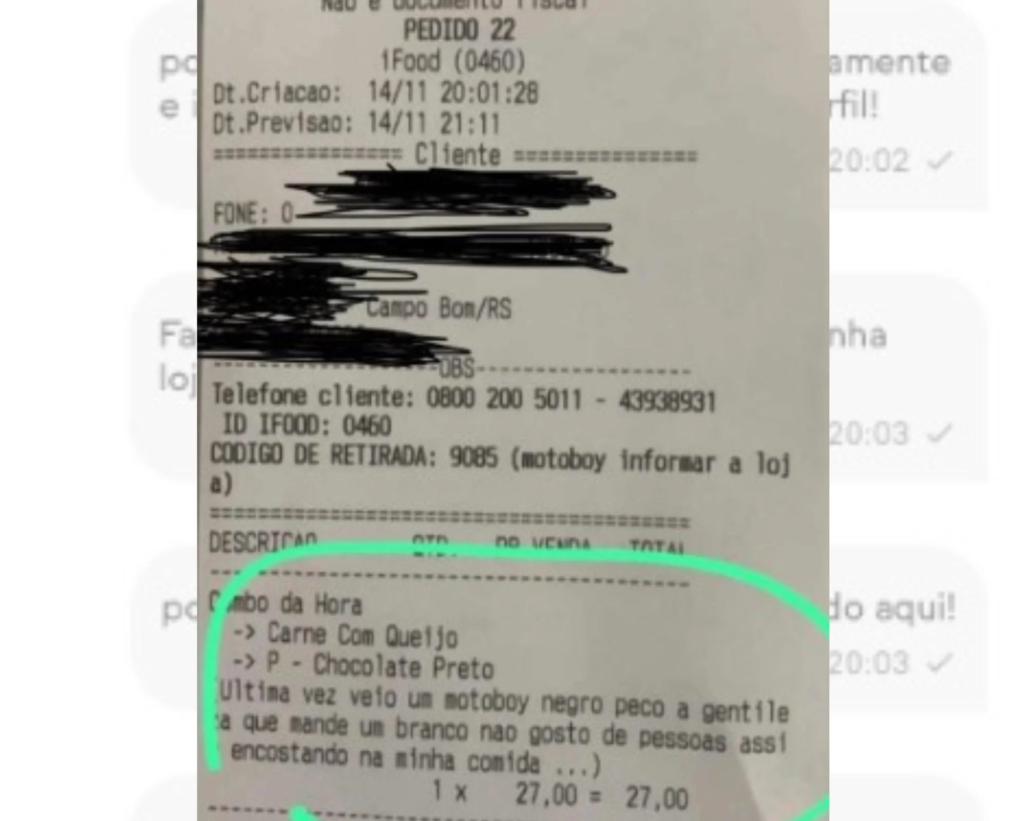Em mensagem, o responsável pela pastelaria diz que é um caso de racismo/Crédito: Reprodução Em mensagem, o responsável pela pastelaria diz que é um caso de racismo/Crédito: Reprodução
