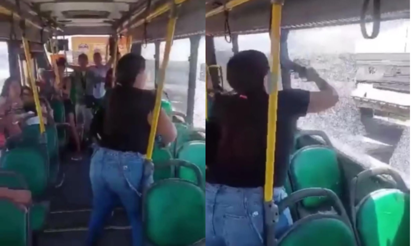 Mulher quebra janela de ônibus por causa do calor/foto: Reprodução/TV Globo Mulher quebra janela de ônibus por causa do calor/foto: Reprodução/TV Globo