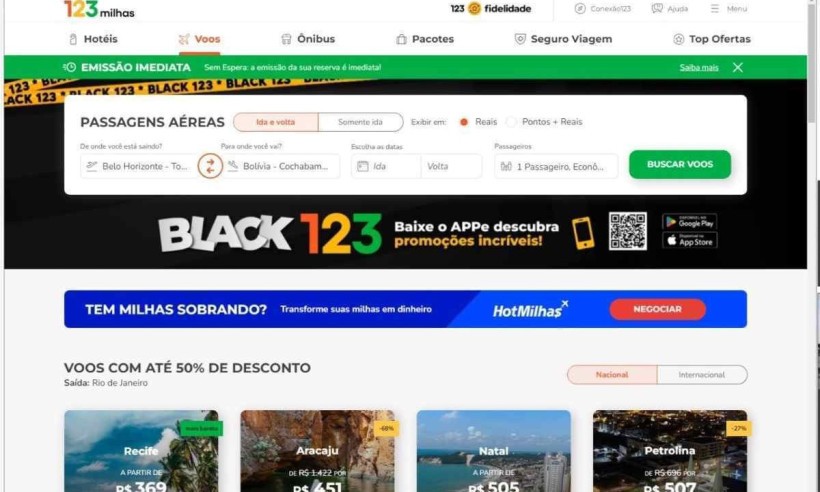 Em meio a recuperação judicial, 123milhas anuncia promoções para Black Friday/Crédito: Reprodução Em meio a recuperação judicial, 123milhas anuncia promoções para Black Friday/Crédito: Reprodução
