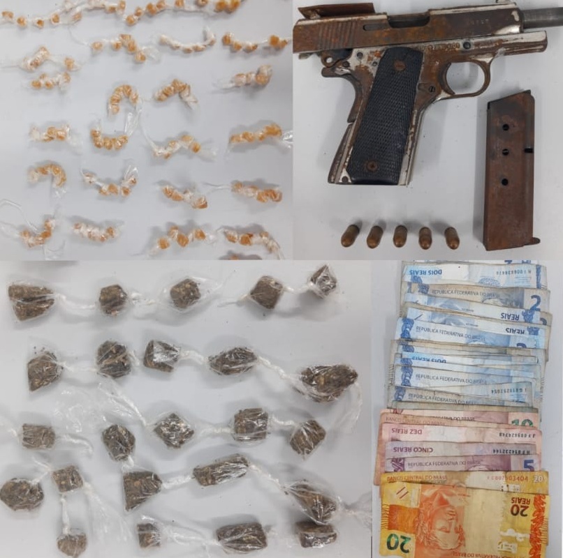 Arma, drogas e dinheiro foram apreendidos com suspeito baleado, segundo PM/Foto: Divulgação/PM Arma, drogas e dinheiro foram apreendidos com suspeito baleado, segundo PM/Foto: Divulgação/PM