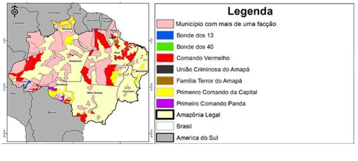 Mapa do Fórum Brasileiro de Segurança Pública mostra a presença de facções nos nove estados da Amazônia Legal
