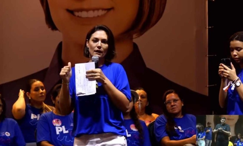 Michelle Bolsonaro disse que Dino é comunista e que "não existe comunista cristão"/Foto: Reprodução/Youtube Michelle Bolsonaro disse que Dino é comunista e que "não existe comunista cristão"/Foto: Reprodução/Youtube