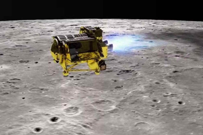 Impressão artística do módulo SLIM cruzando a superfície lunar/crédito: JAXA/Divulgação Impressão artística do módulo SLIM cruzando a superfície lunar/crédito: JAXA/Divulgação