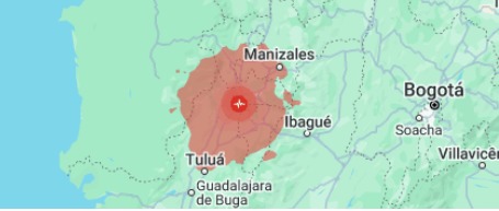 Região da Colômbia atingida pelo terremoto/Crédito: Google maps Região da Colômbia atingida pelo terremoto/Crédito: Google maps