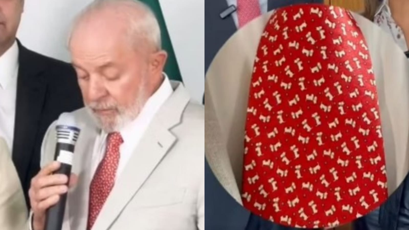 A gravata usada pelo presidente tem estampa de cachorrinhos/fotos: Reprodução/Redes sociais A gravata usada pelo presidente tem estampa de cachorrinhos/fotos: Reprodução/Redes sociais