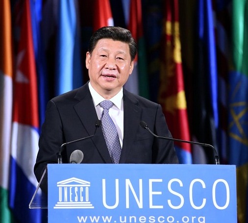O presidente chinês Xi Jinping faz um discurso na sede da Organização das Nações Unidas para a Educação, a Ciência e a Cultura (UNESCO), em Paris, França, em 27 de março de 2014.  (Xinhua/Yao Dawei) 