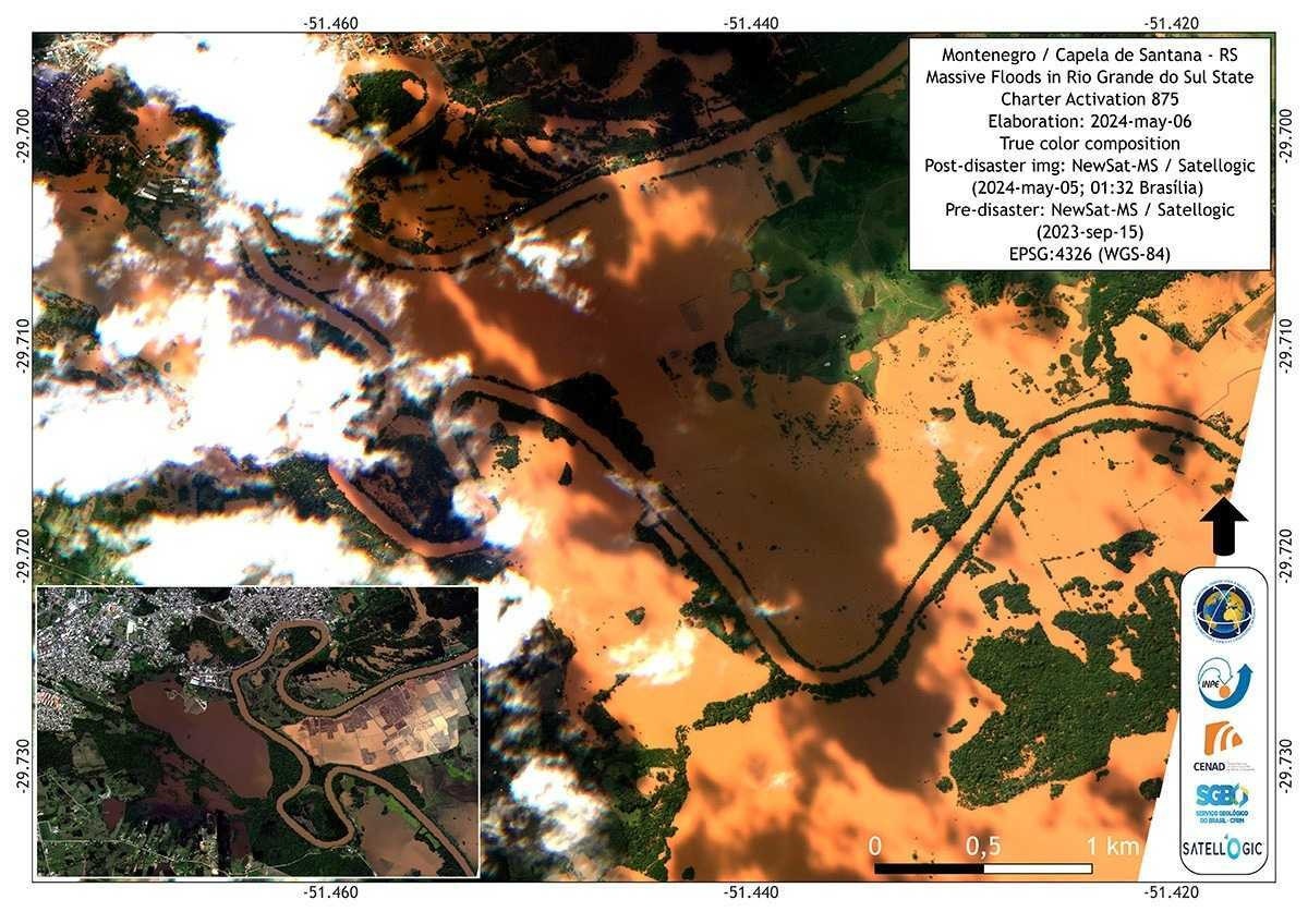 

Os mapas utilizam imagens ópticas e dados de radar de múltiplos satélites para estimar a extensão e o impacto da inundação em diferentes áreas