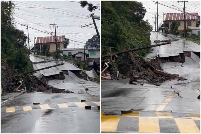 Uma rua desmoronou após a chuva atingir a cidade/foto: Reprodução/Redes sociais Uma rua desmoronou após a chuva atingir a cidade/foto: Reprodução/Redes sociais