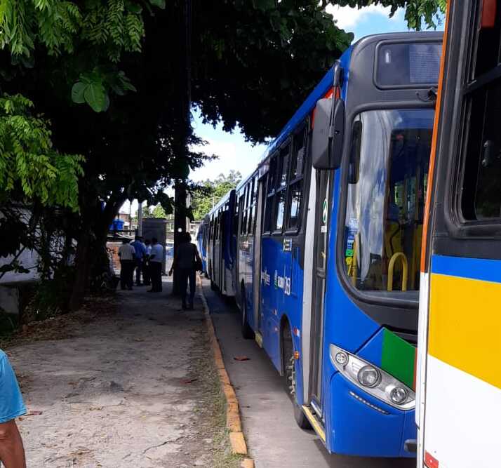 Os veículos das linhas envolvidas estão estacionados ao longo do fim da Avenida Norte, no sentido do terminal de ônibus do bairro da Macaxeira./Foto: Divulgação/Sindicato dos Rodoviários