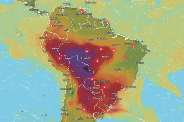 Imagem colorida da qualidade do ar no brasil entra no nível perigoso/Crédito: Reprodução/IQAir Imagem colorida da qualidade do ar no brasil entra no nível perigoso/Crédito: Reprodução/IQAir