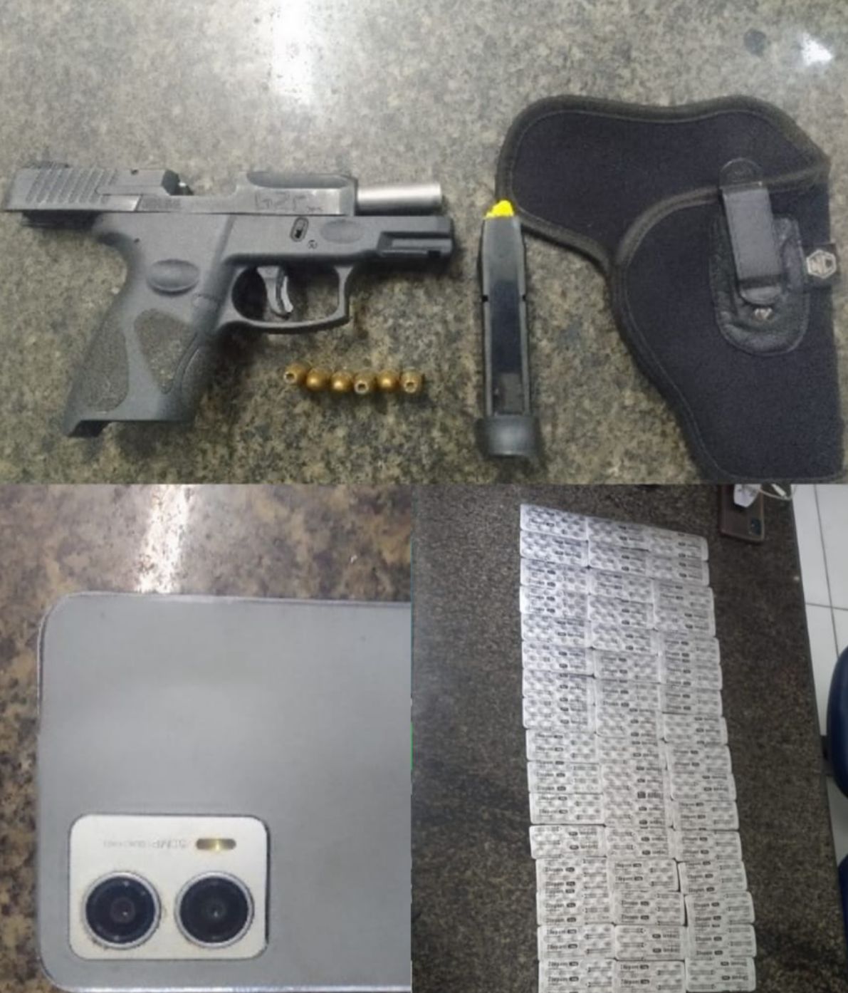Armas, munição e comprimidos foram apreendidos/Foto: PM Armas, munição e comprimidos foram apreendidos/Foto: PM
