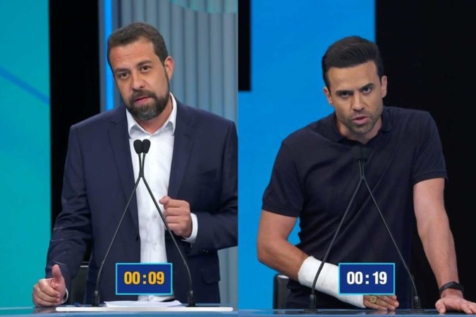 /Juíz determinou exclusão de vídeos caluniosos publicados por Pablo Marçal sobre Guilherme Boulos. Na imagem, candidatos no debate da Globo - (crédito: Reprodução/Rede Globo)