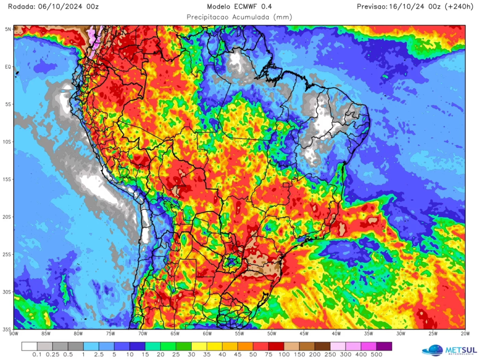 Última projeção de chuva para dez dias no Brasil, de acordo com dados do modelo do Centro Meteorológico Europeu (ECMWF). Quanto mais colorido (para direita), maior a precipitação acumulada
