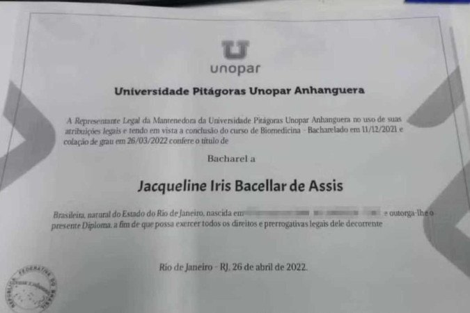 Certificado que teria sido entregue por Jacqueline Iris ao PSC Lab Saleme/foto: Divulgação Certificado que teria sido entregue por Jacqueline Iris ao PSC Lab Saleme/foto: Divulgação