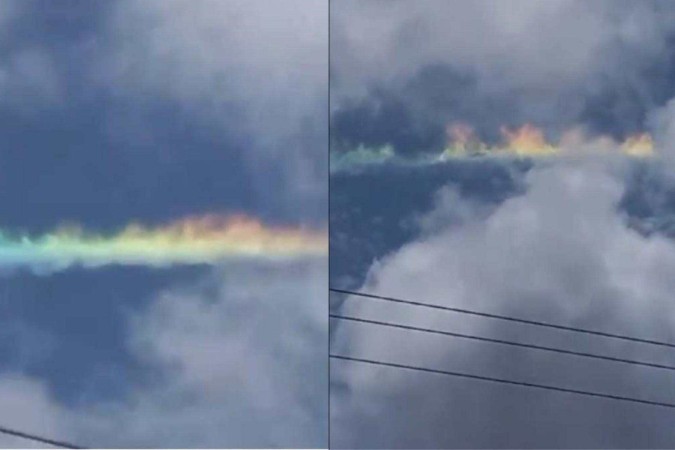 Para ocorrer o arco-íris de fogo, os raios solares devem ser refratados pelos cristais de gelo das nuvens do tipo Cirrus/foto: X/Reprodução Para ocorrer o arco-íris de fogo, os raios solares devem ser refratados pelos cristais de gelo das nuvens do tipo Cirrus/foto: X/Reprodução
