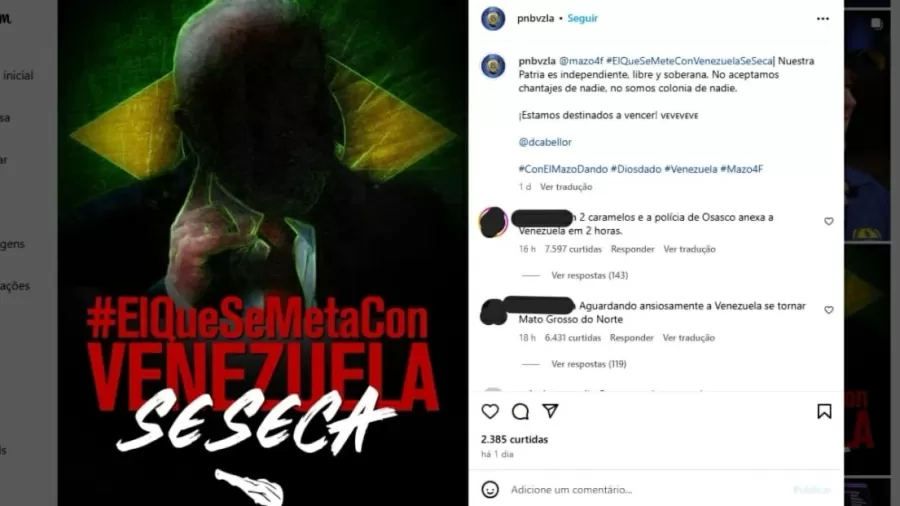 A publicação em 'tom de ameaça' foi feita pelo perfil da polícia venezuelana/foto: Reprodução/Redes sociais A publicação em 'tom de ameaça' foi feita pelo perfil da polícia venezuelana/foto: Reprodução/Redes sociais