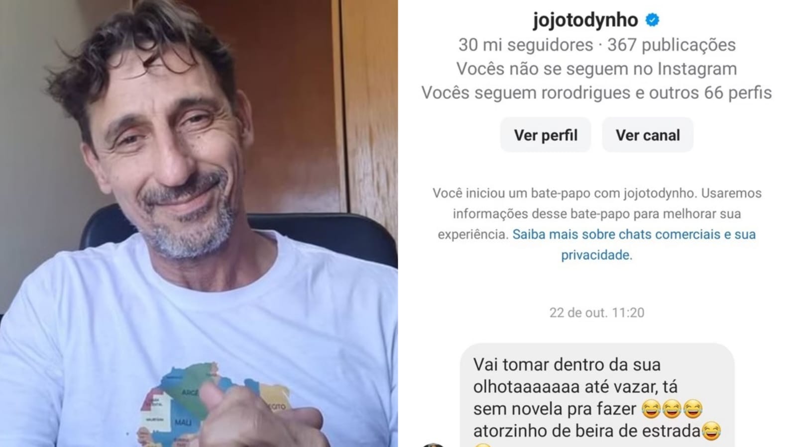 Jojo Toddynho enviou a mensagem no direct do Instagram do ator/foto: Reprodução/Redes sociais Jojo Toddynho enviou a mensagem no direct do Instagram do ator/foto: Reprodução/Redes sociais