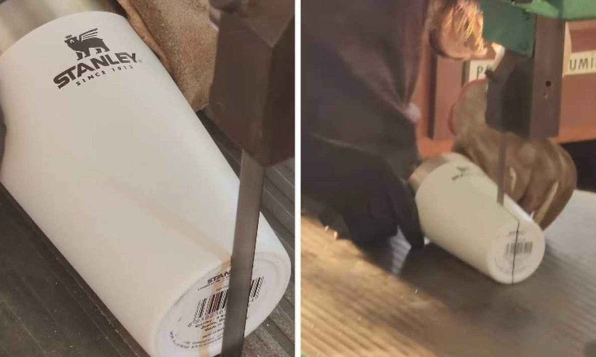 Estudante cortou copo ao meio para mostrar o que há por dentro/foto: Reprodução/Instagram Estudante cortou copo ao meio para mostrar o que há por dentro/foto: Reprodução/Instagram