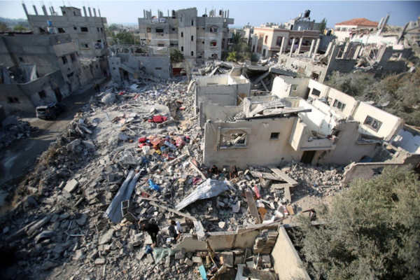 Visão aérea de construções destruídas em Gaza/Crédito: Eyad BABA / AFP Visão aérea de construções destruídas em Gaza/Crédito: Eyad BABA / AFP