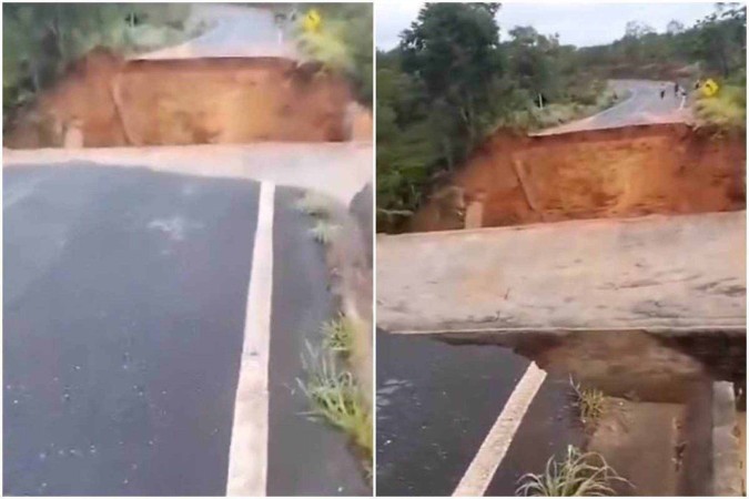 O desabamento da estrutura fez com que um trecho da rodovia LMG-655 fosse interditado/foto: Reprodução/Redes sociais O desabamento da estrutura fez com que um trecho da rodovia LMG-655 fosse interditado/foto: Reprodução/Redes sociais