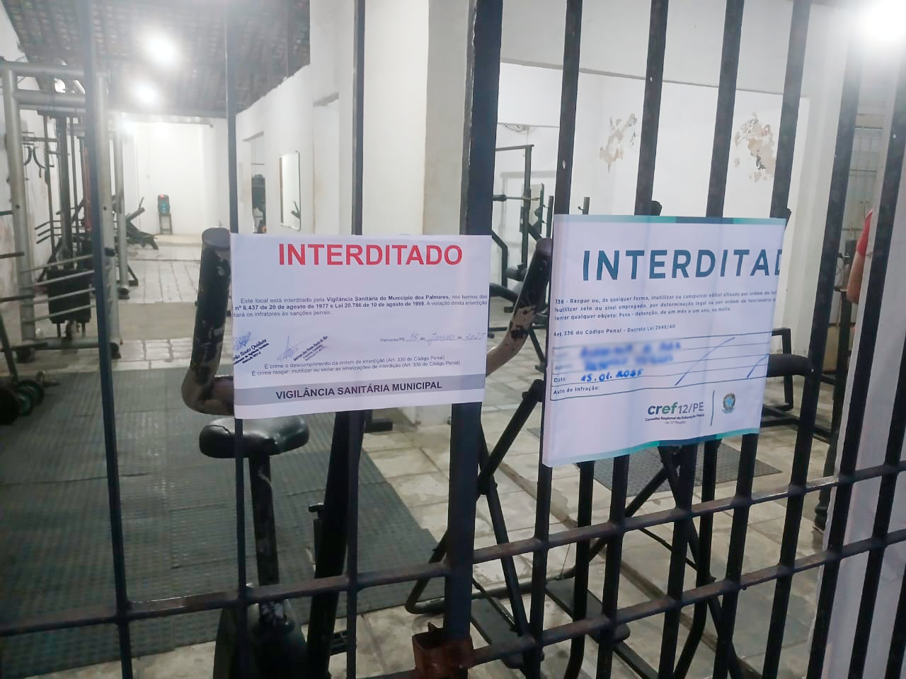 Academia foi interditada em Palmares/Foto: Divulgação Academia foi interditada em Palmares/Foto: Divulgação