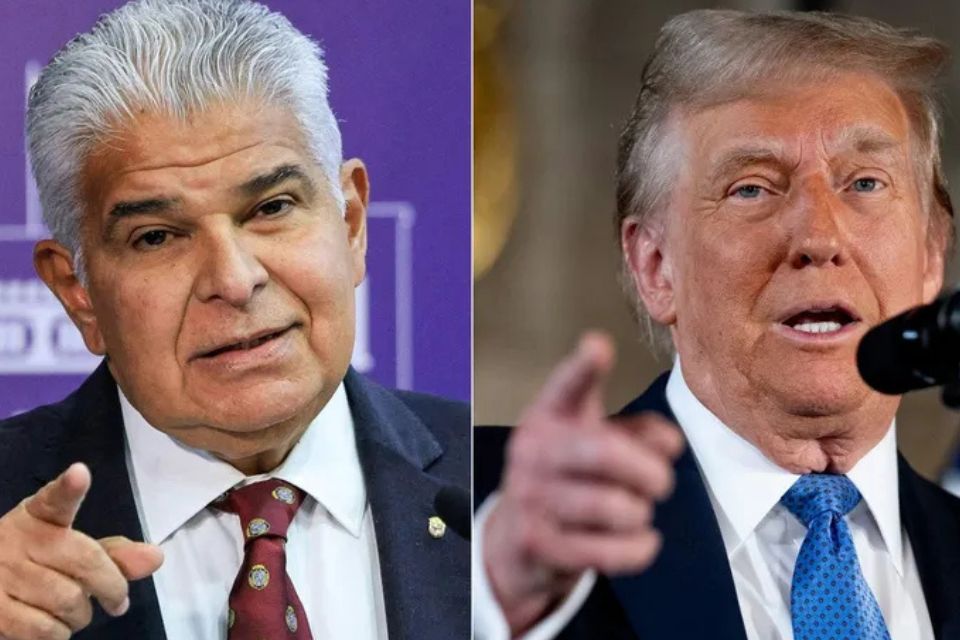 Presidente do Panam&aacute; Jose Raul Mulino (&agrave; esq.) e o l&iacute;der dos EUA, Donald Trump (&agrave; dir.)/foto: AFP