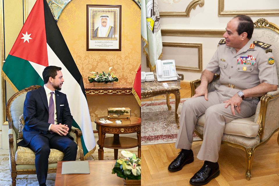 Príncipe herdeiro da Jordânia à direita, Al-Hussein bin Abdullah II, e presidente do Egito, Abdelfatah al-Sisi/Crédito: KUNA / AFP Príncipe herdeiro da Jordânia à direita, Al-Hussein bin Abdullah II, e presidente do Egito, Abdelfatah al-Sisi/Crédito: KUNA / AFP