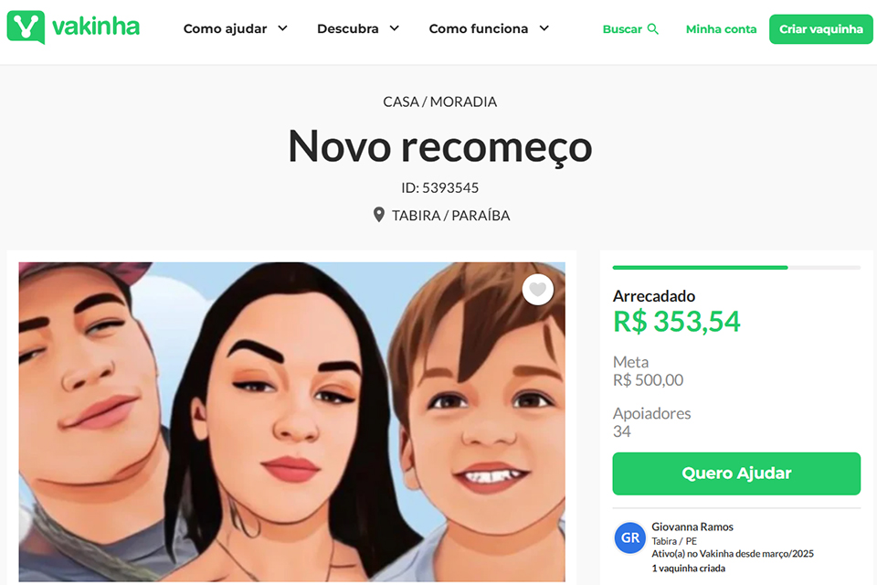 /Reprodução/Site Vakinha /Reprodução/Site Vakinha