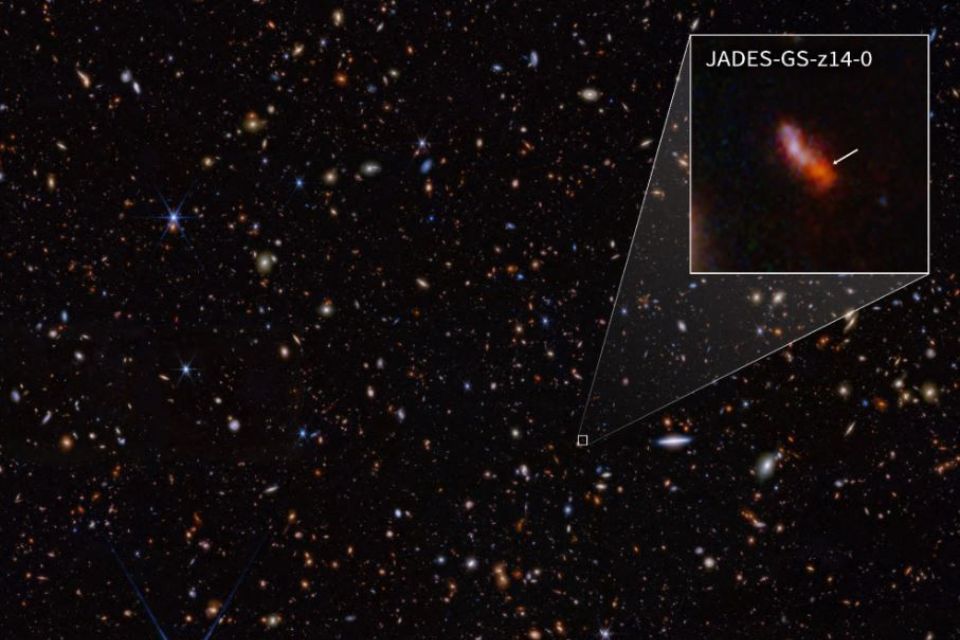 A descoberta da galáxia JADES-GS-z14-0 ocorreu em 2024 no telescópio espacial James Webb/Crédito: NASA / AFP A descoberta da galáxia JADES-GS-z14-0 ocorreu em 2024 no telescópio espacial James Webb/Crédito: NASA / AFP