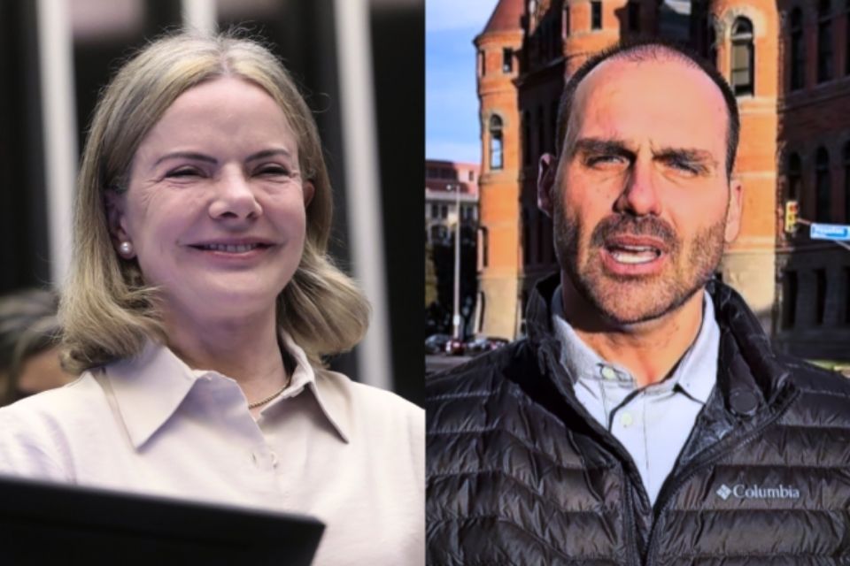 Segundo a ministra Gleisi Hoffmann, se Eduardo fosse corajoso, teria ficado no Brasil para fazer disputa política/foto: Kayo Magalhães/Câmara e Reprodução/YouTube Segundo a ministra Gleisi Hoffmann, se Eduardo fosse corajoso, teria ficado no Brasil para fazer disputa política/foto: Kayo Magalhães/Câmara e Reprodução/YouTube