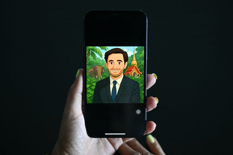 Imagem gerada por inteligência artificial (IA) no estilo de animação do Studio Ghibli em um telefone celular/Foto: Manan VATSYAYANA/AFP Imagem gerada por inteligência artificial (IA) no estilo de animação do Studio Ghibli em um telefone celular/Foto: Manan VATSYAYANA/AFP