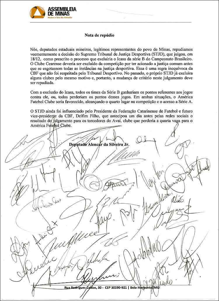 Nota assinada por 40 deputados e divulgada pela Assembleia Legislativa de Minas Gerais
