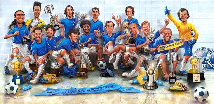 Novo painel do Cruzeiro inclui o goleiro Fábio (à esquerda) e os troféus do Brasileirão 2013 e 2014