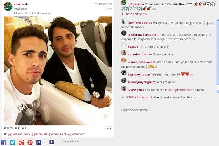 Berola publicou uma foto no Instagram ao lado do seu empresário, Pepe Dioguardi: "Partiu Brasil!"