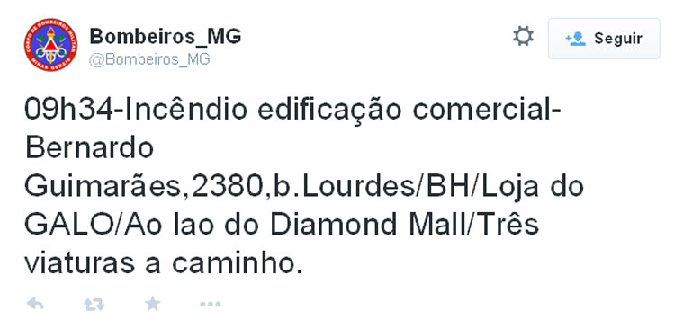Informação da imprensa do Corpo de Bombeiros no Twitter