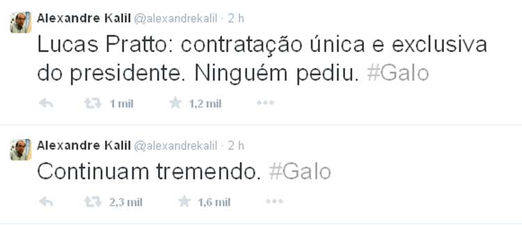 Alexandre Kalil acionou o Twitter após vitória do Atlético sobre o Cruzeiro, de virada, no Mineirão