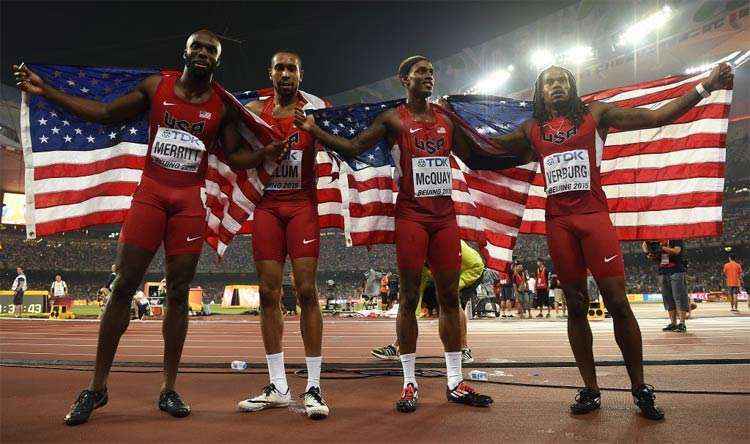 LaShawn Merritt, Bryshon Nellum, Tony McQuay e David Verburg venceram o 4x400m para os Estados Unidos