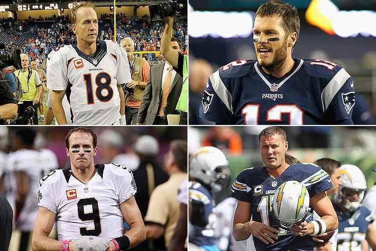 Em cima, Peyton Manning e Tom Brady, os quarterbacks mais famosos e lendários na NFL atualmente; abaixo, Drew Brees e Philip Rivers, os maiores salários da liga de futebol americano dos EUA na temporada 2015
